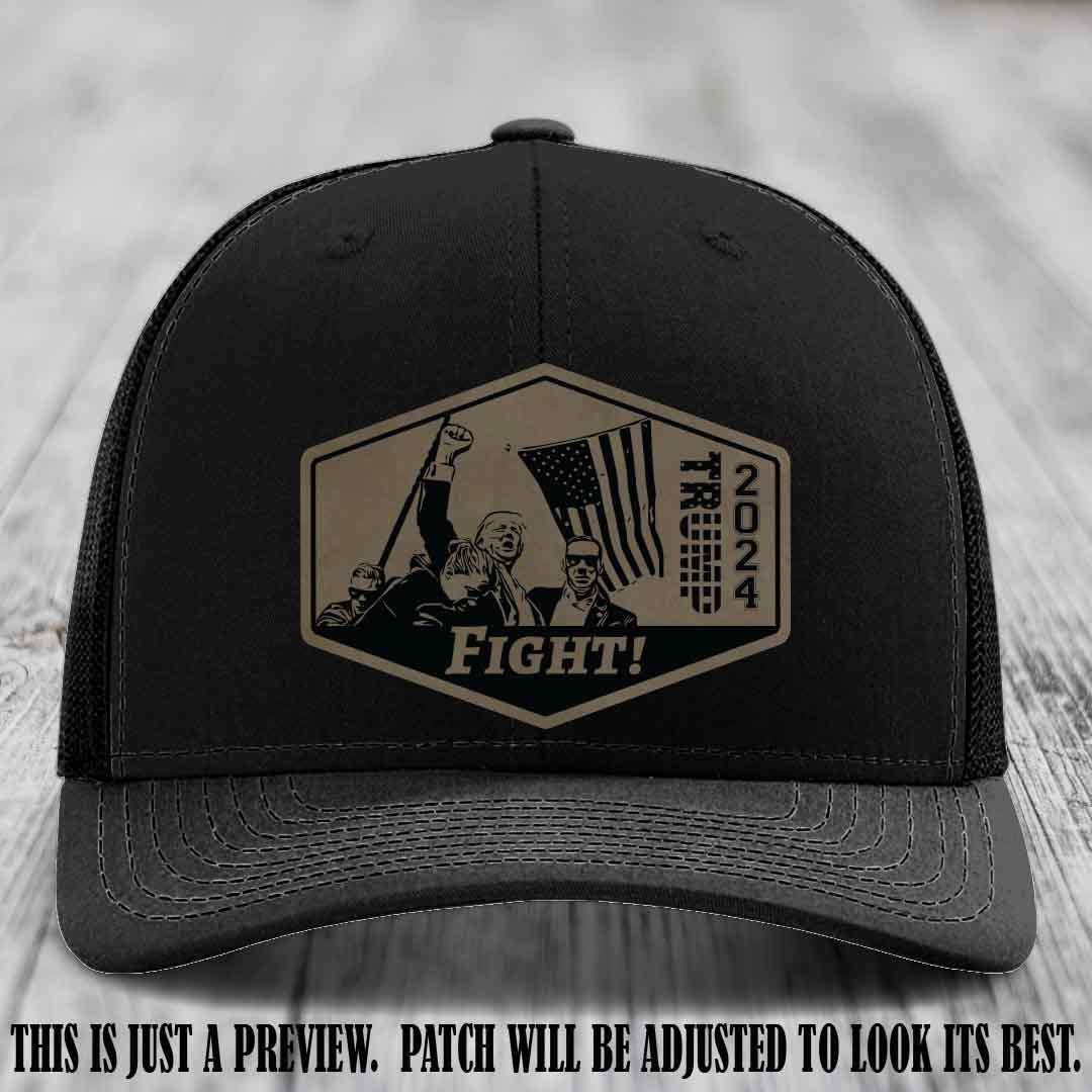 Fight Night Trump 2024 design on a Richardson 112 Black Hat with a Light Brown to Black Patch leather patch