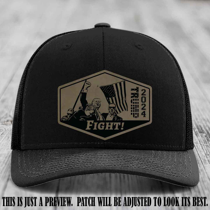 Fight Night Trump 2024 design on a Richardson 112 Black Hat with a Light Brown to Black Patch leather patch