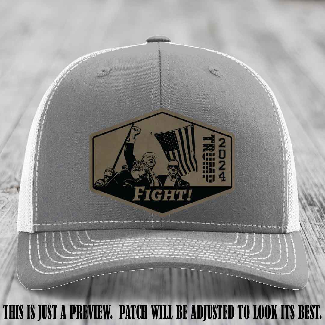 Fight Night Trump 2024 design on a Richardson 112 Heather Grey to White Hat with a Light Brown to Black Patch leather patch
