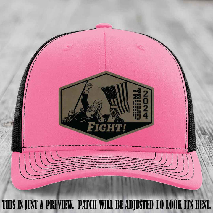 Fight Night Trump 2024 design on a Richardson 112 Hot Pink to Black Hat with a Light Brown to Black Patch leather patch