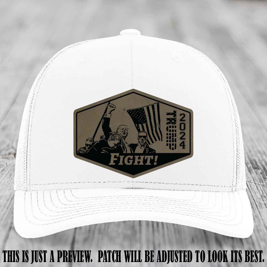 Fight Night Trump 2024 design on a Richardson 112 White Hat with a Light Brown to Black Patch leather patch