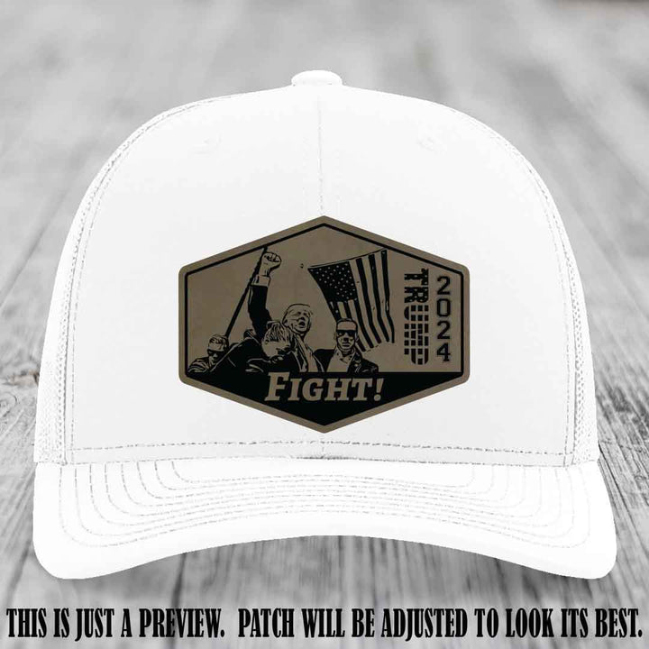 Fight Night Trump 2024 design on a Richardson 112 White Hat with a Light Brown to Black Patch leather patch