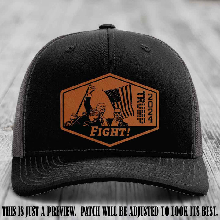 Fight Night Trump 2024 design on a Richardson 112 Black to Charcoal Hat with a Rawhide to Black Patch leather patch