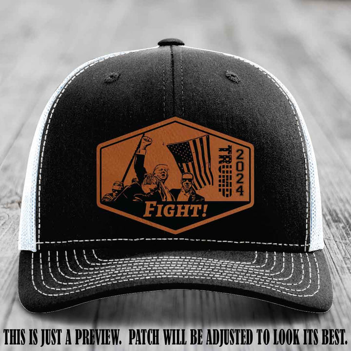 Fight Night Trump 2024 design on a Richardson 112 Black to White Hat with a Rawhide to Black Patch leather patch