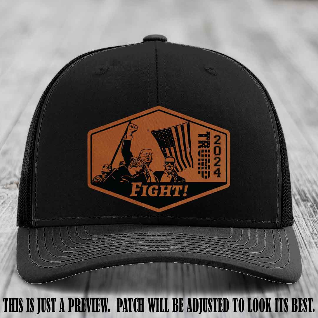 Fight Night Trump 2024 design on a Richardson 112 Black Hat with a Rawhide to Black Patch leather patch