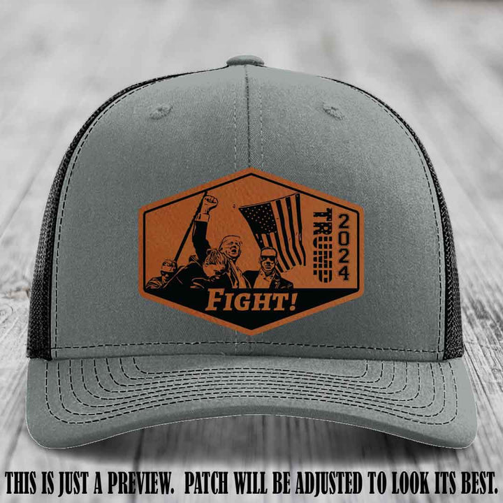 Fight Night Trump 2024 design on a Richardson 112 Heather Grey to Black Hat with a Rawhide to Black Patch leather patch