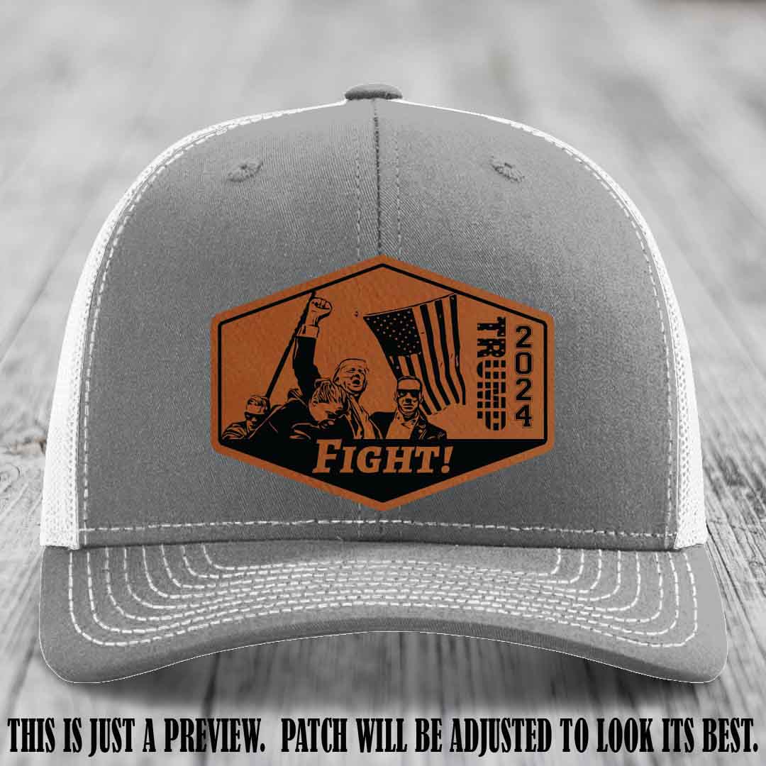 Fight Night Trump 2024 design on a Richardson 112 Heather Grey to White Hat with a Rawhide to Black Patch leather patch