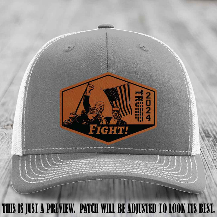 Fight Night Trump 2024 design on a Richardson 112 Heather Grey to White Hat with a Rawhide to Black Patch leather patch