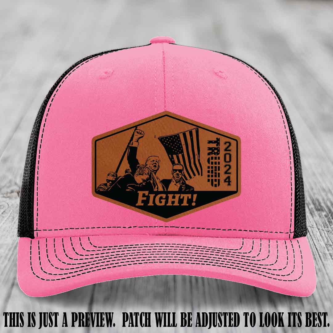 Fight Night Trump 2024 design on a Richardson 112 Hot Pink to Black Hat with a Rawhide to Black Patch leather patch