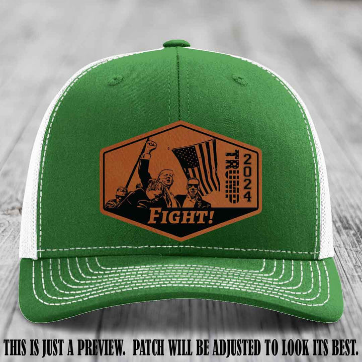 Fight Night Trump 2024 design on a Richardson 112 Kelly to White Hat with a Rawhide to Black Patch leather patch