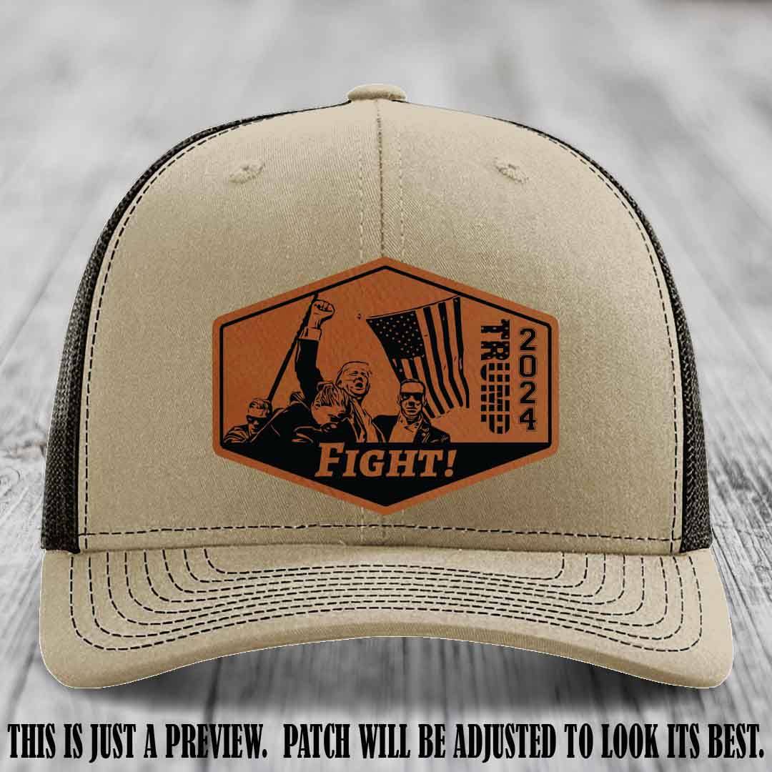 Fight Night Trump 2024 design on a Richardson 112 Khaki to Coffee Hat with a Rawhide to Black Patch leather patch