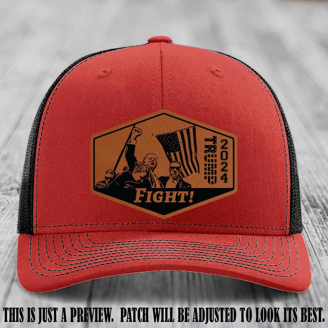 Fight Night Trump 2024 design on a Richardson 112 Red to Black Hat with a Rawhide to Black Patch leather patch