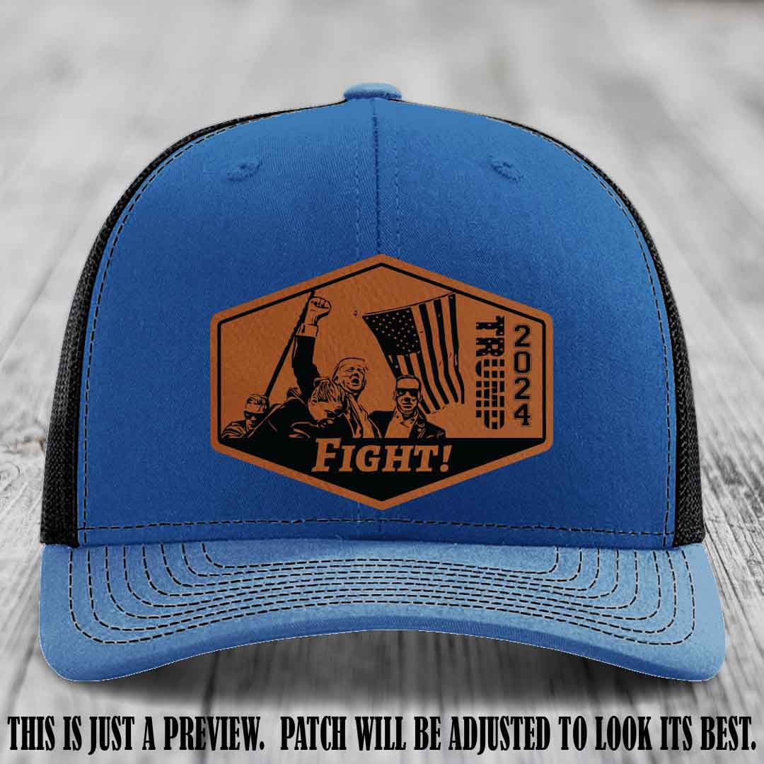 Fight Night Trump 2024 design on a Richardson 112 Royal to Black Hat with a Rawhide to Black Patch leather patch