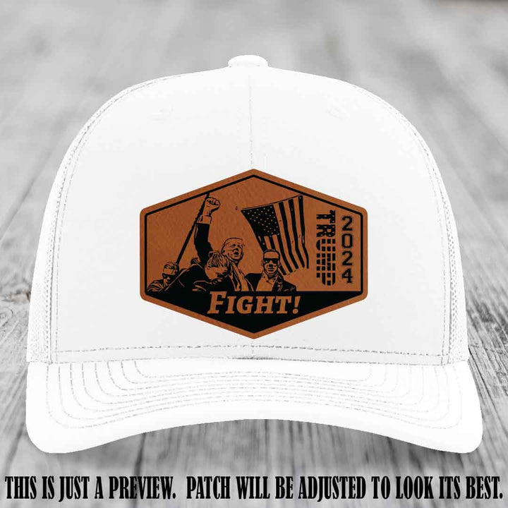 Fight Night Trump 2024 design on a Richardson 112 White Hat with a Rawhide to Black Patch leather patch