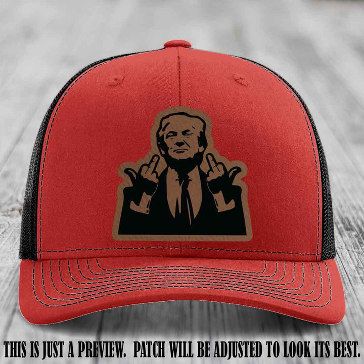 Double Deuces Don - Dark Brown to Black Patch on Red to Black Hat - custom trucker hat with leather patch