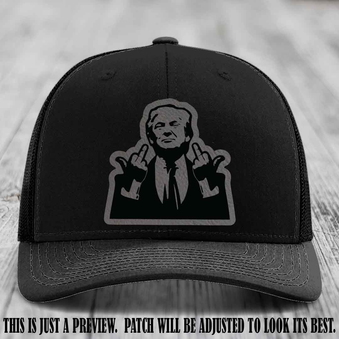 Double Deuces Don - Grey to Black Patch on Black Hat - custom trucker hat with leather patch