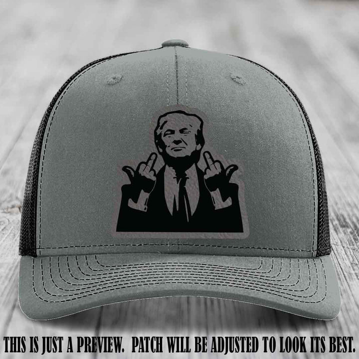 Double Deuces Don - Grey to Black Patch on Heather Grey to Black Hat - custom trucker hat with leather patch
