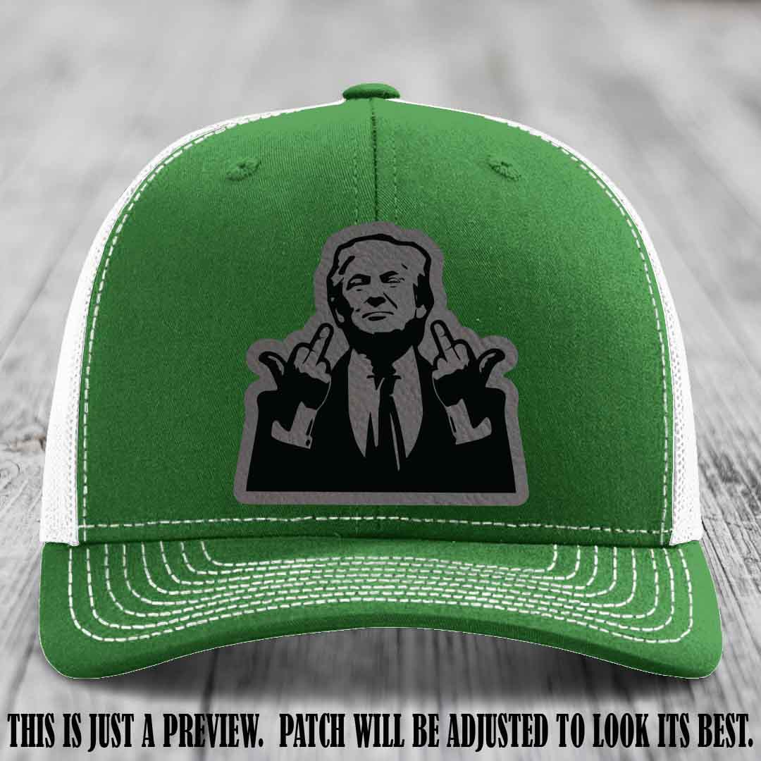 Double Deuces Don - Grey to Black Patch on Kelly to White Hat - custom trucker hat with leather patch