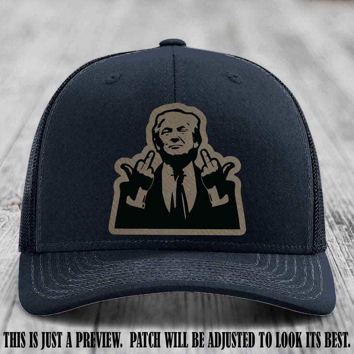 Double Deuces Don - Light Brown to Black Patch on Navy Hat - custom trucker hat with leather patch