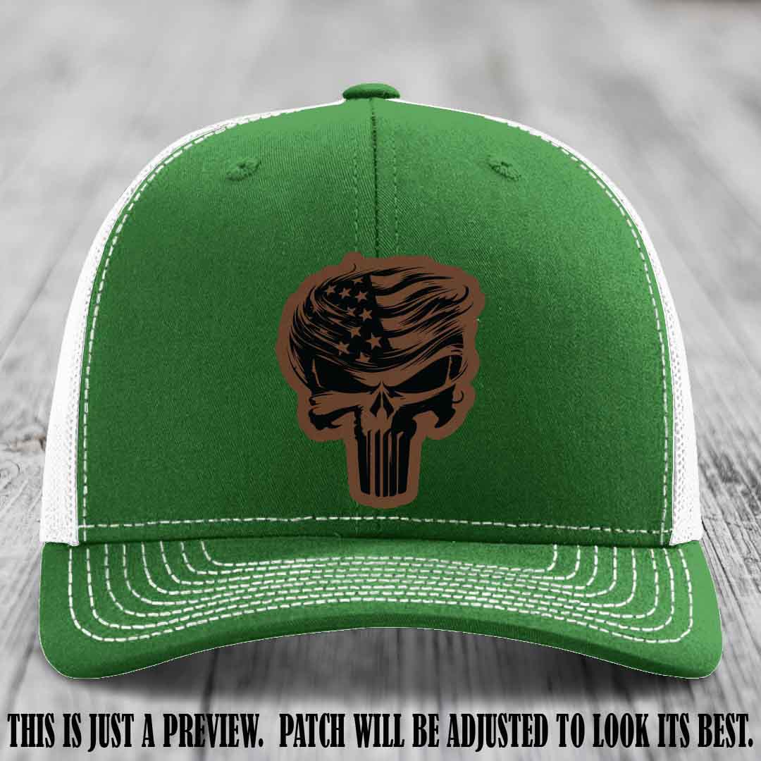 Patriot Skull Flow patch on Dark Brown to Black Patch on a Kelly to White Hat