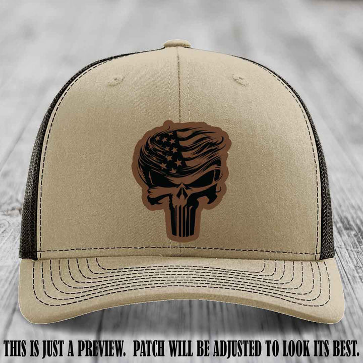 Patriot Skull Flow patch on Dark Brown to Black Patch on a Khaki to Coffee Hat