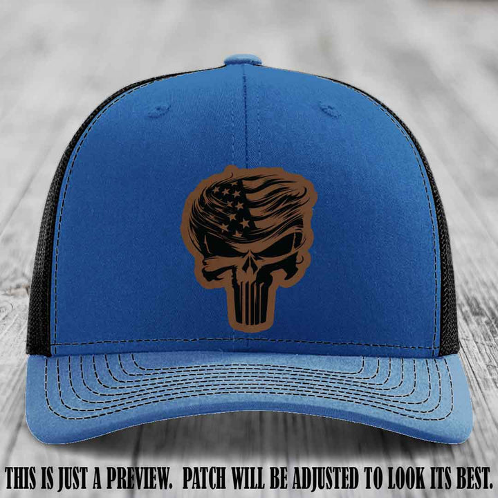 Patriot Skull Flow patch on Dark Brown to Black Patch on a Royal to Black Hat