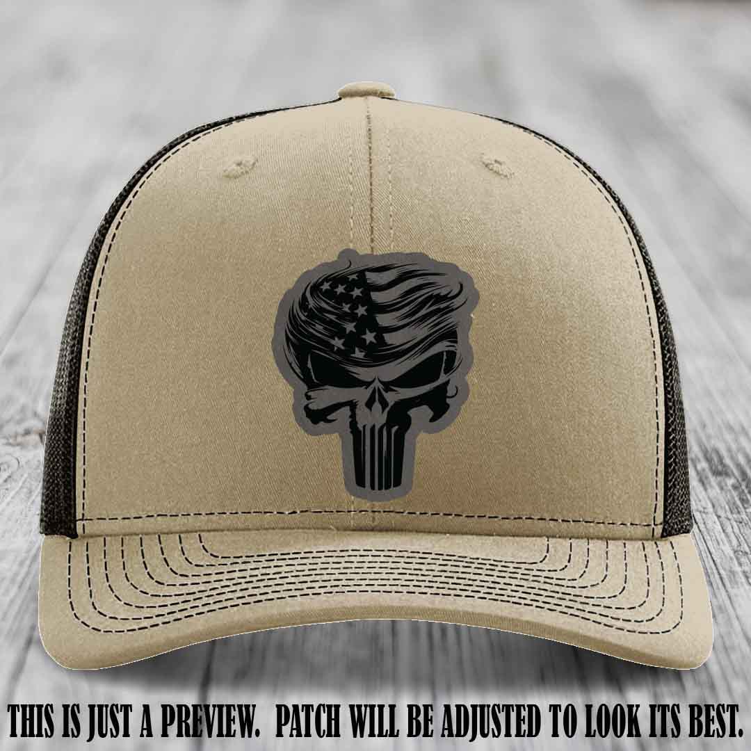 Patriot Skull Flow patch on Grey to Black Patch on a Khaki to Coffee Hat
