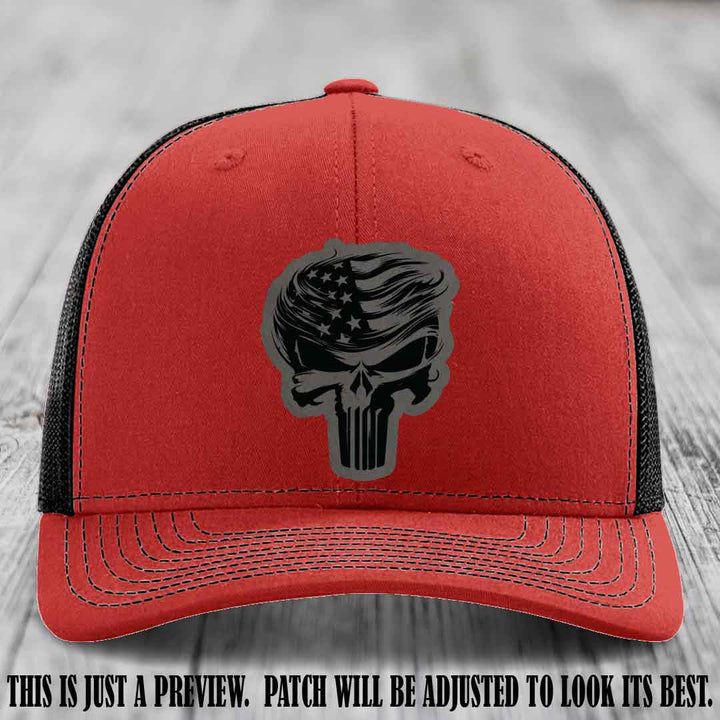 Patriot Skull Flow patch on Grey to Black Patch on a Red to Black Hat