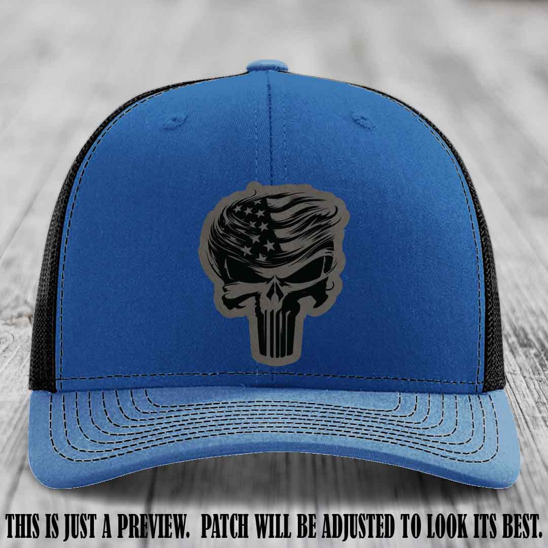 Patriot Skull Flow patch on Grey to Black Patch on a Royal to Black Hat