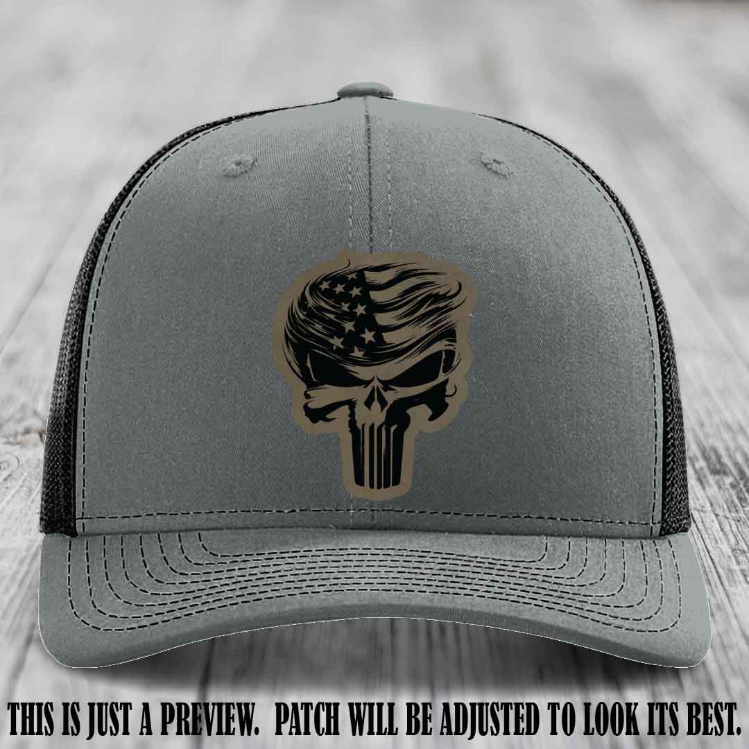 Patriot Skull Flow patch on Light Brown to Black Patch on a Heather Grey to Black Hat