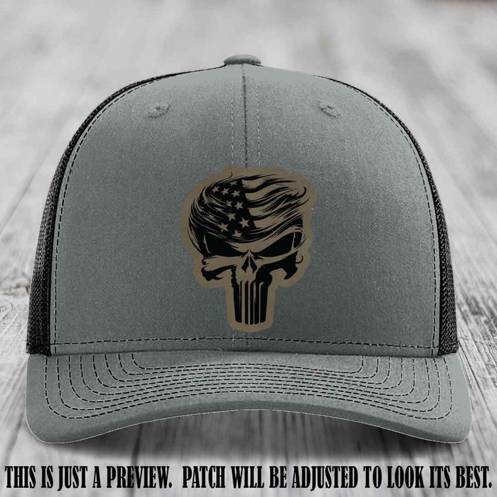 Patriot Skull Flow patch on Light Brown to Black Patch on a Heather Grey to Black Hat