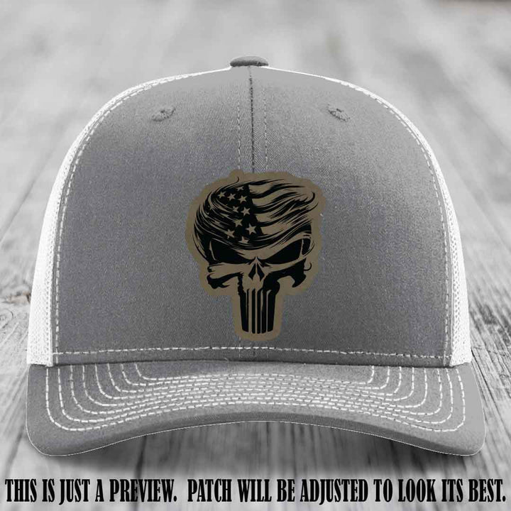 Patriot Skull Flow patch on Light Brown to Black Patch on a Heather Grey to White Hat