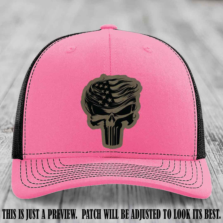 Patriot Skull Flow patch on Light Brown to Black Patch on a Hot Pink to Black Hat
