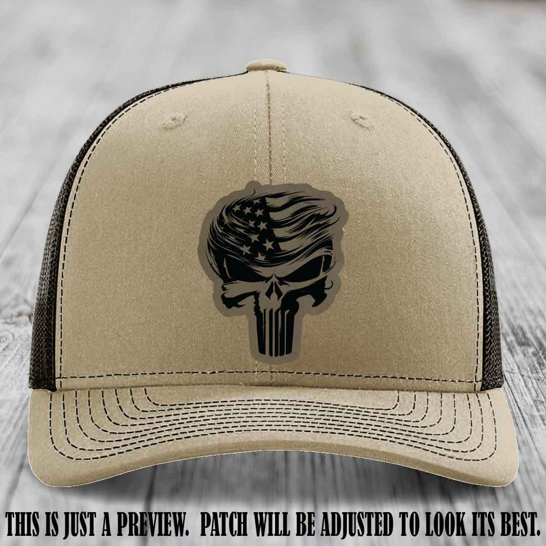 Patriot Skull Flow patch on Light Brown to Black Patch on a Khaki to Coffee Hat
