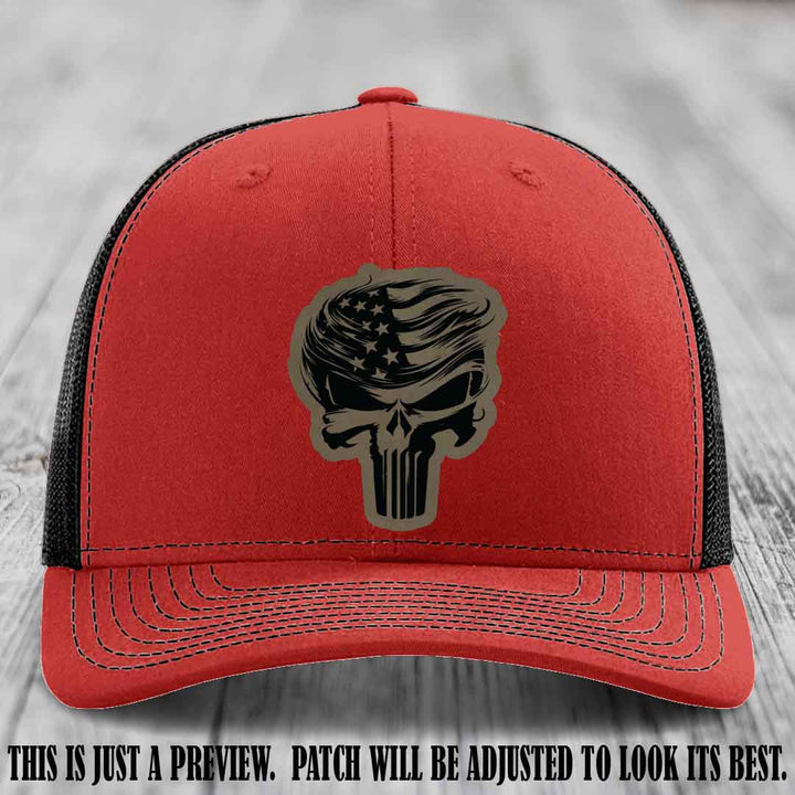 Patriot Skull Flow patch on Light Brown to Black Patch on a Red to Black Hat
