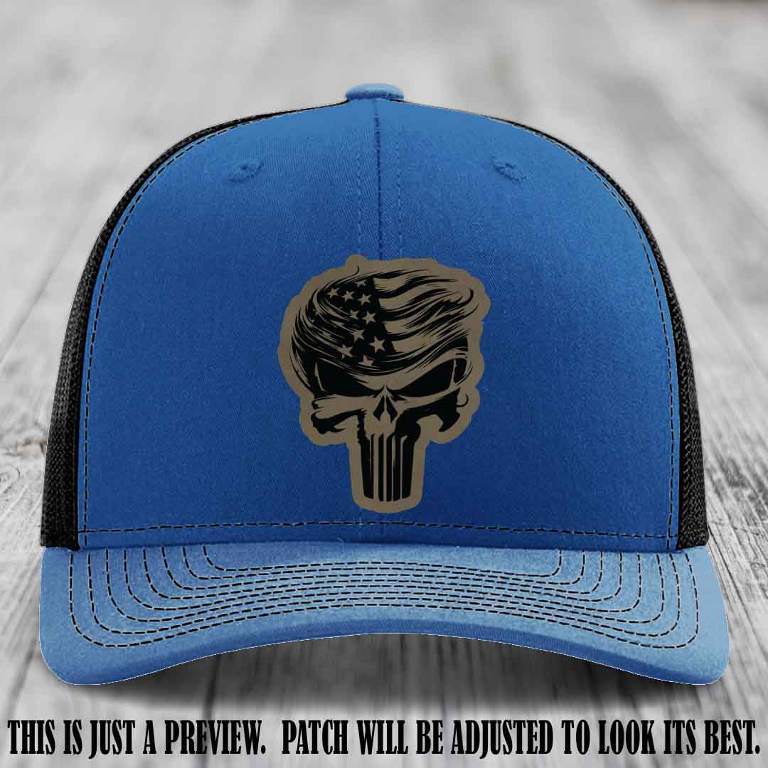 Patriot Skull Flow patch on Light Brown to Black Patch on a Royal to Black Hat