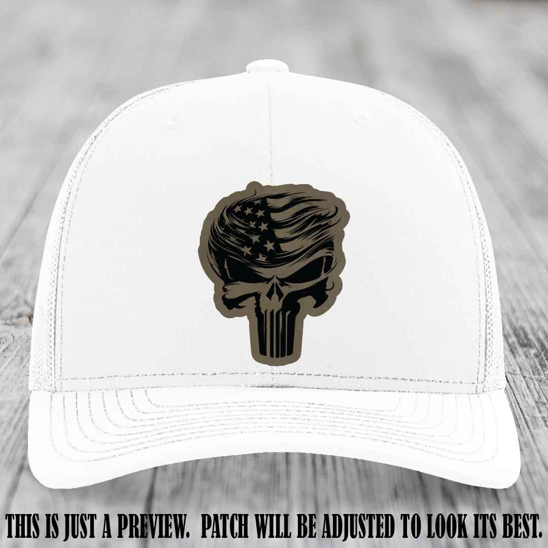 Patriot Skull Flow patch on Light Brown to Black Patch on a White Hat