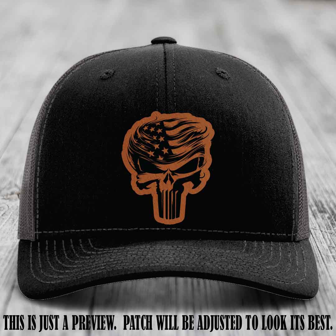 Patriot Skull Flow patch on Rawhide to Black Patch on a Black to Charcoal Hat