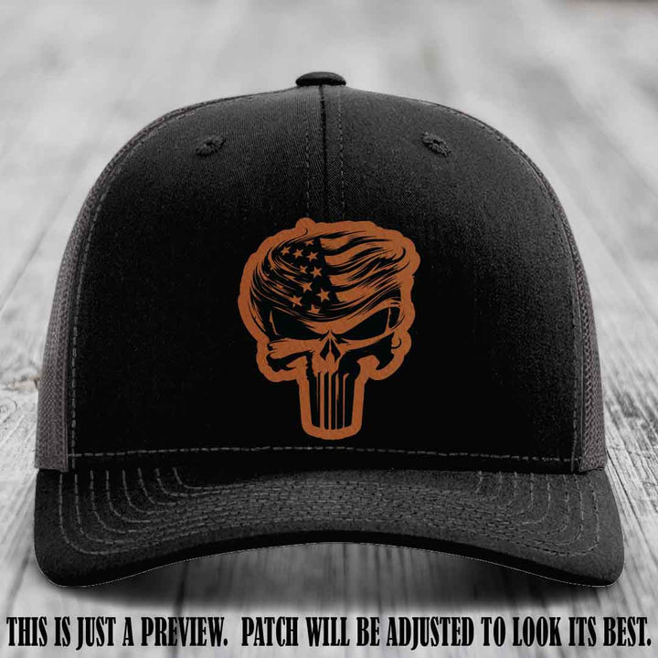 Patriot Skull Flow patch on Rawhide to Black Patch on a Black to Charcoal Hat