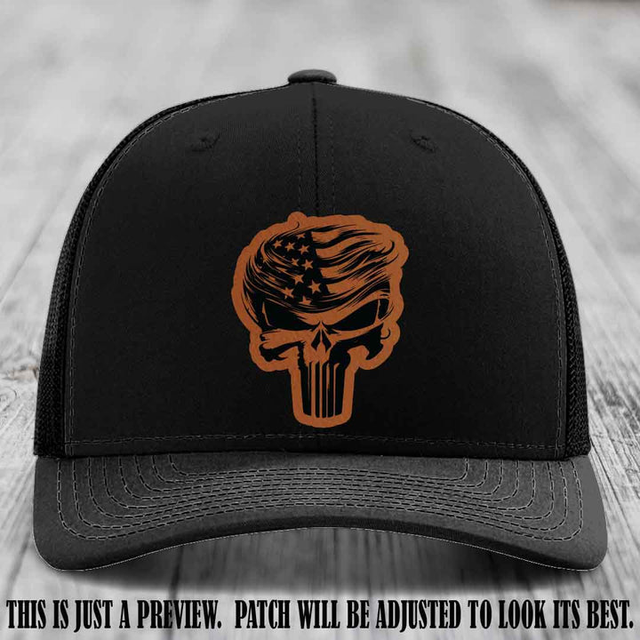 Patriot Skull Flow patch on Rawhide to Black Patch on a Black Hat
