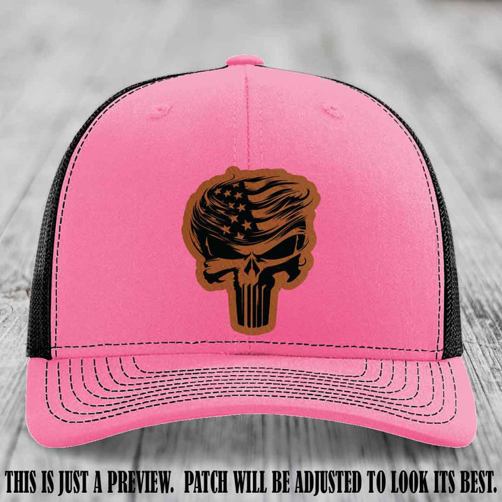 Patriot Skull Flow patch on Rawhide to Black Patch on a Hot Pink to Black Hat