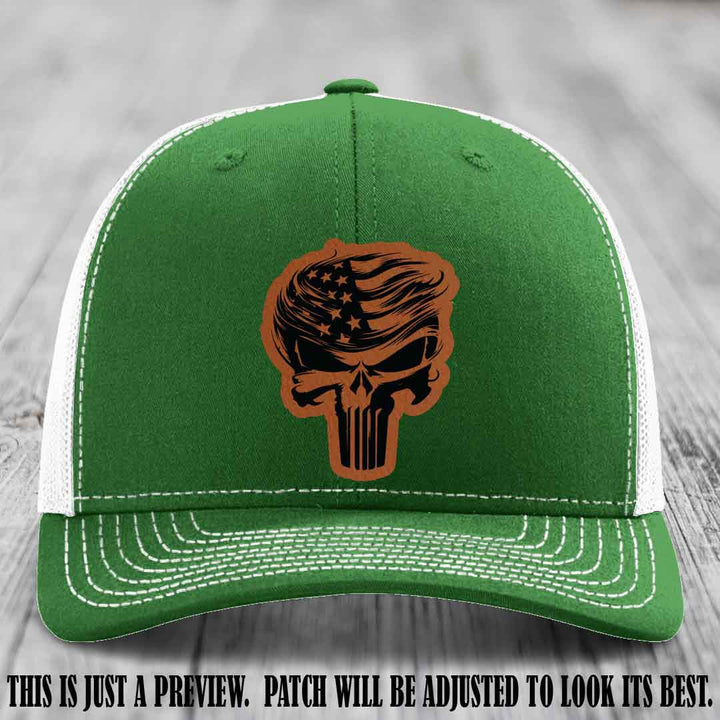 Patriot Skull Flow patch on Rawhide to Black Patch on a Kelly to White Hat