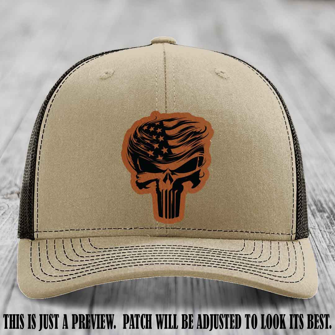 Patriot Skull Flow patch on Rawhide to Black Patch on a Khaki to Coffee Hat