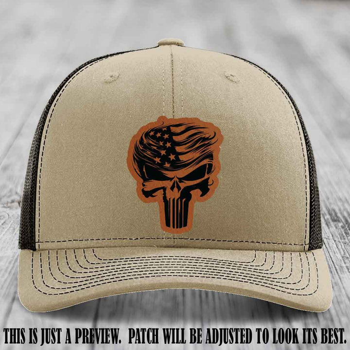 Patriot Skull Flow patch on Rawhide to Black Patch on a Khaki to Coffee Hat