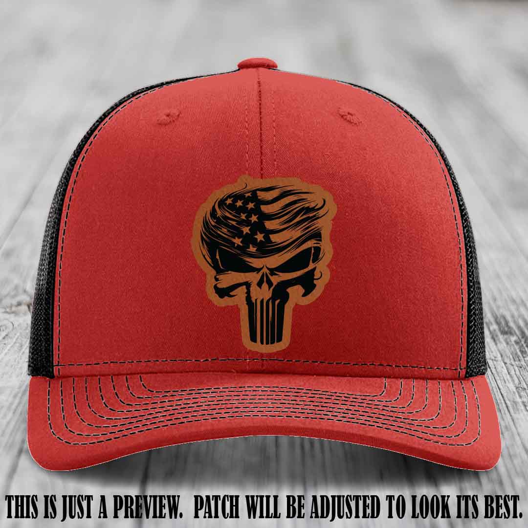 Patriot Skull Flow patch on Rawhide to Black Patch on a Red to Black Hat