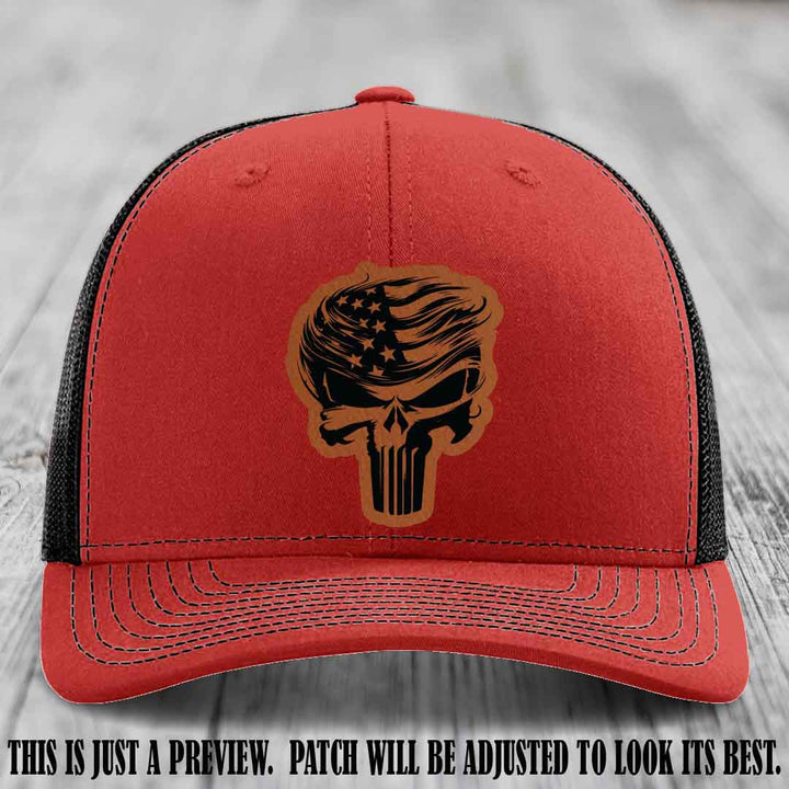 Patriot Skull Flow patch on Rawhide to Black Patch on a Red to Black Hat