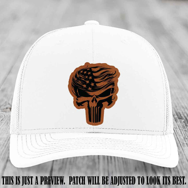 Patriot Skull Flow patch on Rawhide to Black Patch on a White Hat