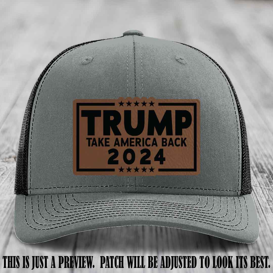 Trump Take America Back 2024 on a Heather Grey to Black Hat with Dark Brown to Black Patch