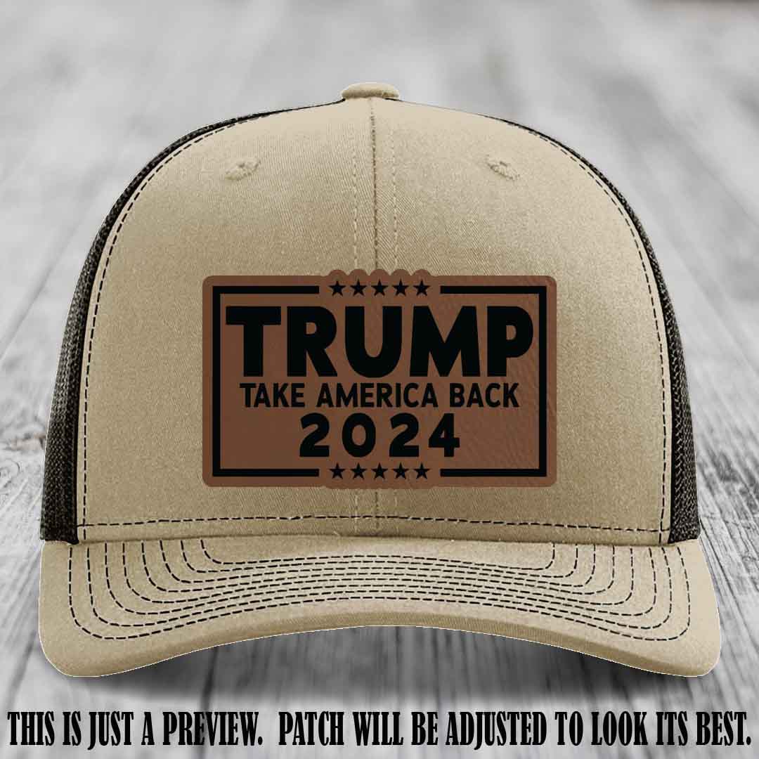 Trump Take America Back 2024 on a Khaki to Coffee Hat with Dark Brown to Black Patch