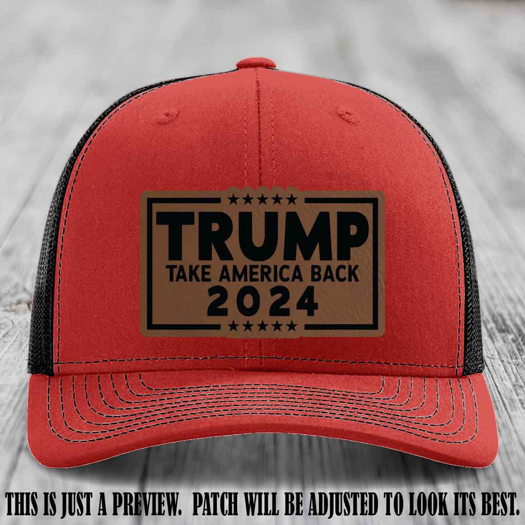 Trump Take America Back 2024 on a Red to Black Hat with Dark Brown to Black Patch